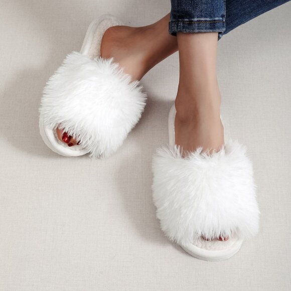 2/$30 Fluffy Plush Open Toe White Winter Slippers Slip On Flat Non Slip Women - Picture 5 of 6